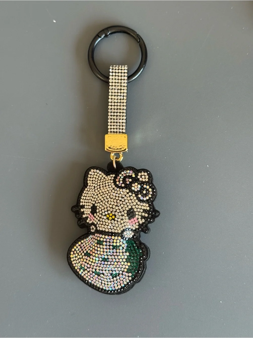 Rhinestone Strawberry HK Kitty Cartoon Character Keychain Bag Charm (Black)
